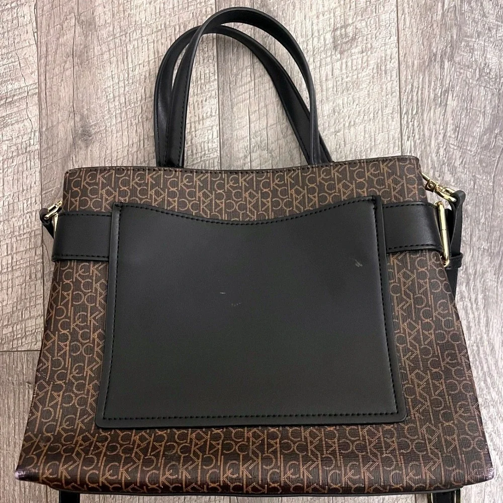 Calvin‎ Klein Monogram Logo Satchel Crossbody Bag Brown Black Gold Tone Hardware